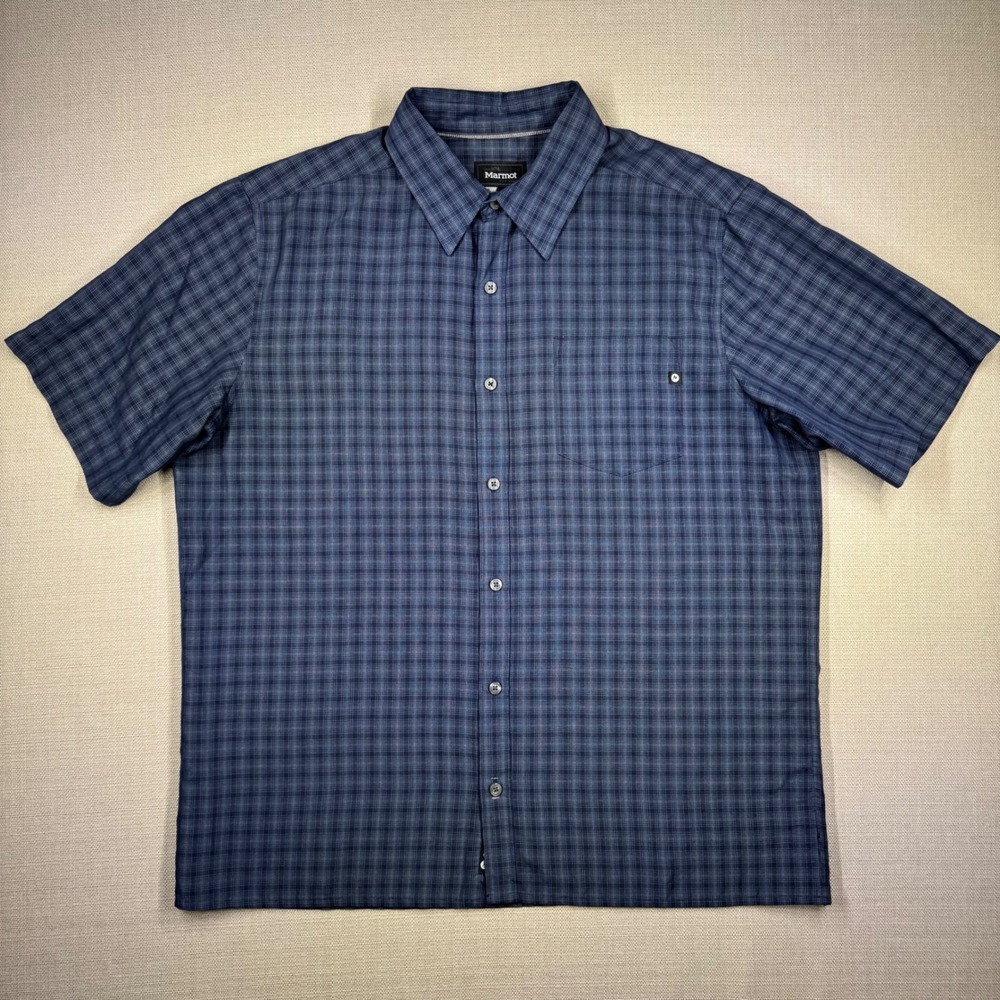 Marmot Mens Eldridge Blue Plaid Short Sleeve Button Down Size Large
